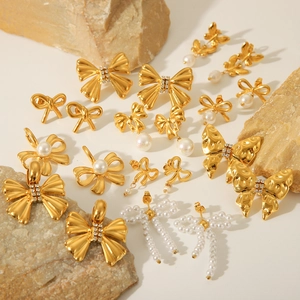 French Ins Style Bow Knot Earrings 18K Gold Plated Stainless Steel With Artificial Pearl Rhinestone Elegant Jewelry For Women