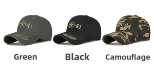 Detail of embroidered star and 41 logo on army-style camouflage baseball caps