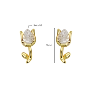 Macro detail of tulip stud earrings showing 8mm height and teardrop crystal size