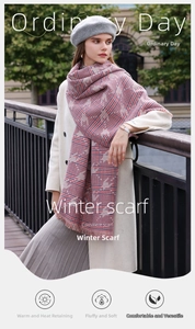 Close-up of red and blue cashmere houndstooth scarf with soft fringed edges for winter