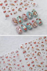 Detailed close-up of cartoon bunny nail stickers with 3D embossed texture and macaron colors