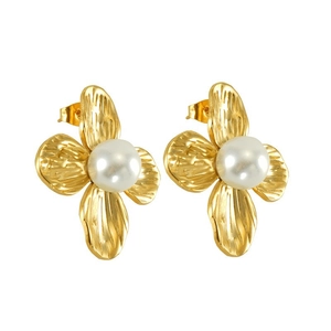 French style gold flower stud earrings with central white pearls and textured petals