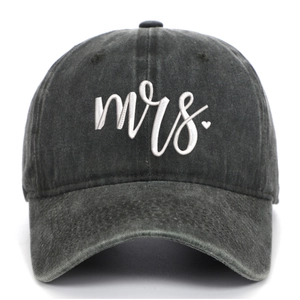 Detailed embroidery of mrs. text and heart on vintage washed cotton baseball cap