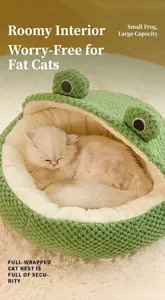 Accogliente cuccia per gatti a forma di rana in peluche verde con morbida fodera