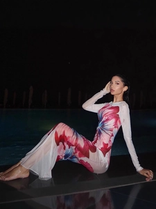 Slim fit mesh maxi dress featuring blue and red abstract floral print with long sleeves