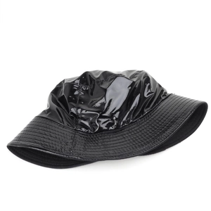 Glossy black patent leather reversible bucket hat with shiny finish and sun protection