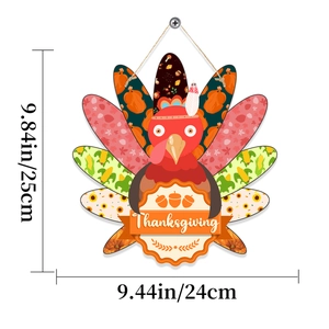 Detailed view of wooden Thanksgiving turkey hanging sign with size measurements 25x24cm