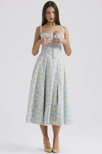 Close-up of drawstring bust and pleated waist on a blue floral midi sundress