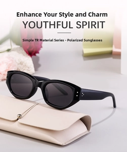Detail of black cat-eye polarized sunglasses made of lightweight TR material with leather case