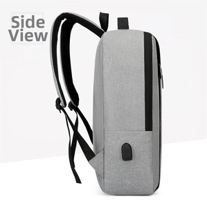 Side view of slim business backpack showing USB charging port and breathable mesh straps