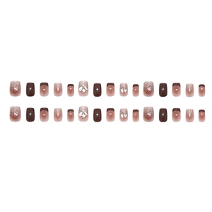 24pcs short square press-on nails with red-brown glitter, diamonds, and French tips