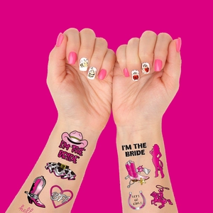 Pink western cowgirl temporary tattoo set with boots and hats for bridal parties