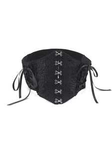 Detail of black lace corset belt featuring elegant metal hooks and intricate floral patterns