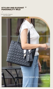 Close-up of black tote bag with heart quilting and detachable small coin purse