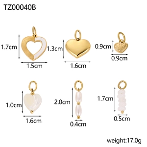 Detailed size chart of six gold stainless steel heart and bead charms for DIY jewelry