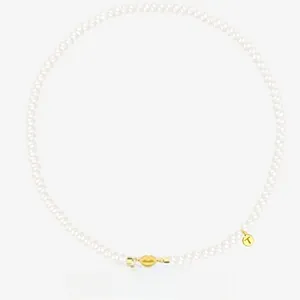 Detailed close-up of S925 sterling silver pearl necklace with golden lip pendant and T-tag