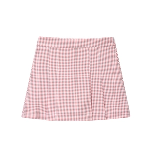 Mini-jupe plissée en vichy rose et blanc à coupe trapèze et taille haute pour femmes