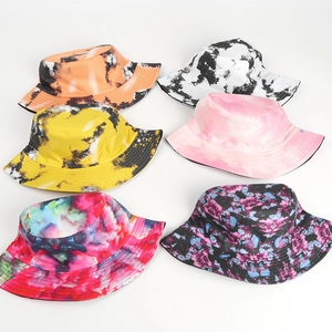 Matrix showing six colorful tie-dye bucket hats in various vibrant patterns and colors