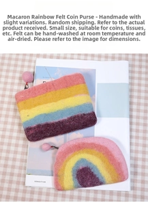 Detail of colorful macaron rainbow wool felt coin purse with zipper and pompom