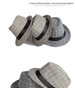 Detail of British style straw fedora hats featuring classic plaid woven texture in 3 colors