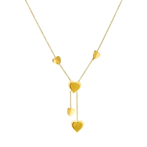 Gold stainless steel Y-shaped necklace with five heart pendants in polished and matte finish