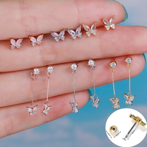 Butterfly Stud Dangle Earrings Alloy Zircon With Stainless Steel Earring Post Screw Back Ball Design For Women Elegant Trendy