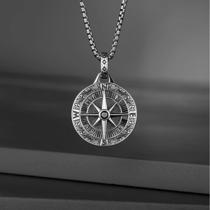 Silver compass pendant necklace with N E S W engraving for men in trendy metal alloy