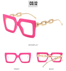 Three-angle view of rose pink square oversized glasses with gold chain design temples