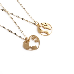 World Map Pendant Necklace Stainless Steel Hollow Heart Round Geometric Lip Chain Jewelry For Women Gold Tone