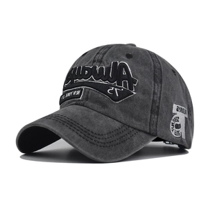 Detail of 3D Always 75 embroidery on dark gray washed denim vintage baseball cap