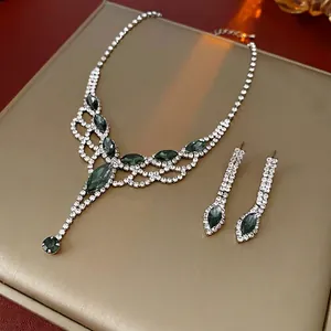 Luxury Alloy Rhinestone Marquise Faux Gemstone Jewelry Necklace And Earrings For Women Evening Party Tassel Style