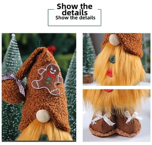 Detailed view of gingerbread patch, plush beard, and buttons on Christmas gnome doll