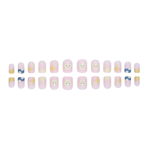 Cute cartoon cloud and smiley face press-on nails with 24 pieces in matte pink finish