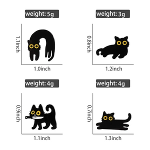 Detailed size chart for assorted black cat enamel pins with dimensions and weight specs