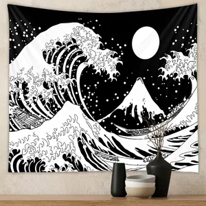 Tapestry Polyester Black White Great Wave Japanese Ukiyo-e Wall Hanging Home Decor Minimalist Artistic Blanket