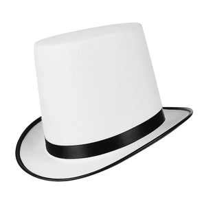 Classic white felt top hat for stage performance featuring a black satin ribbon band