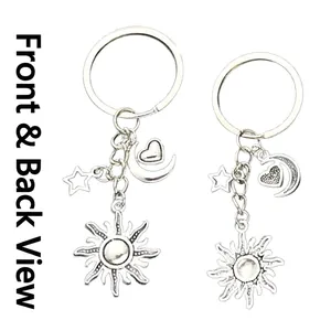 Silver alloy sun moon heart and star keychain set showing front and back view