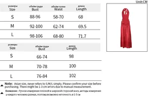 Detailed size chart for sexy halter top and side slit skirt set with measurements in CM