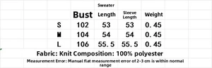 Tableau des tailles pour pull en maille femme avec mesures de buste et de manches