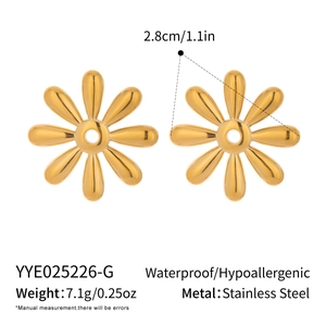 Detail view of 18k gold plated stainless steel daisy earrings with petal texture