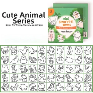 Detail view of 50 varied animal line drawings in a mini 7.5x7.5cm graffiti notebook