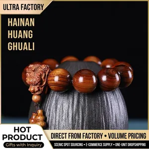 Bracelet Ethnique en Perles de Bois Sculpture Tête de Dragon Santal Huanghuali Santal Violet Perles Bouddhistes Bijoux de Méditation Cadeau