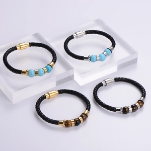 Braided leather bracelets with stainless steel clasps, turquoise and tiger eye stone beads