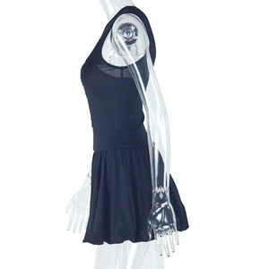 Side view of black sleeveless mini dress with asymmetrical hem on mannequin