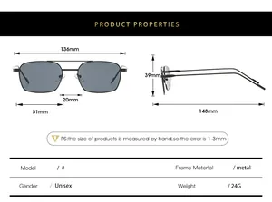 Spécifications détaillées de taille pour lunettes de soleil carrées en métal avec mesures