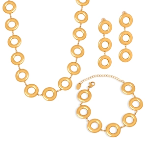Minimalist gold-plated steel jewelry set featuring geometric circular link necklace and earrings