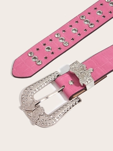 Pink crocodile embossed belt with butterfly rhinestone buckle and metal star charms
