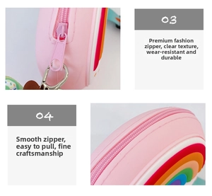 Detail of pink silicone kids bag showing smooth alloy zipper and durable stitching