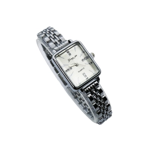 Elegant silver square quartz watch for women with rhinestone markers and metal link strap