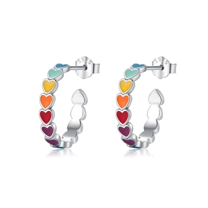 Sterling silver hoop earrings featuring colorful rainbow enamel heart patterns on a white base
